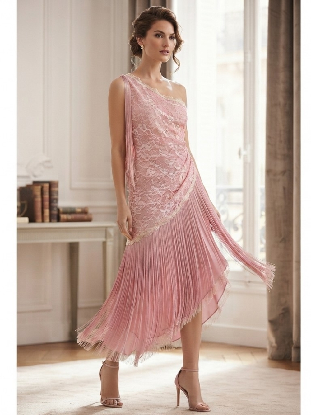 Vintage 1980s New Leaf by Samir Dusty Rose Lace & Fringe Dress
